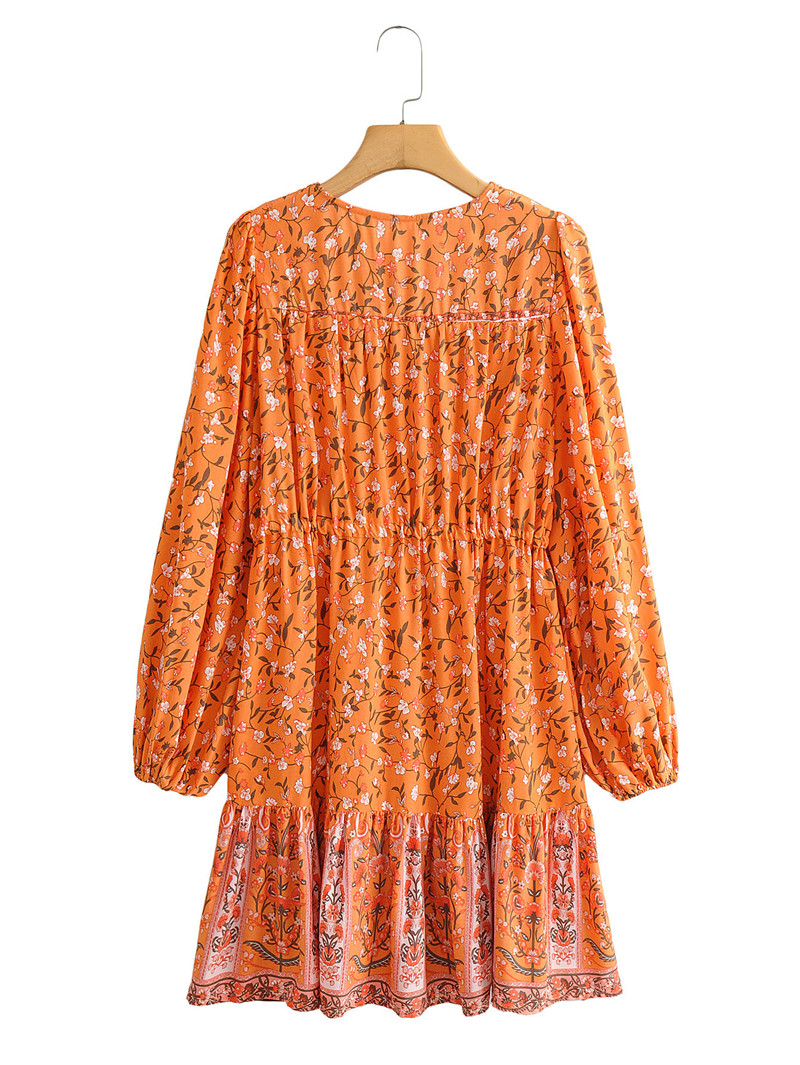 Long Sleeve V-neck Positioning Print Dress - 5