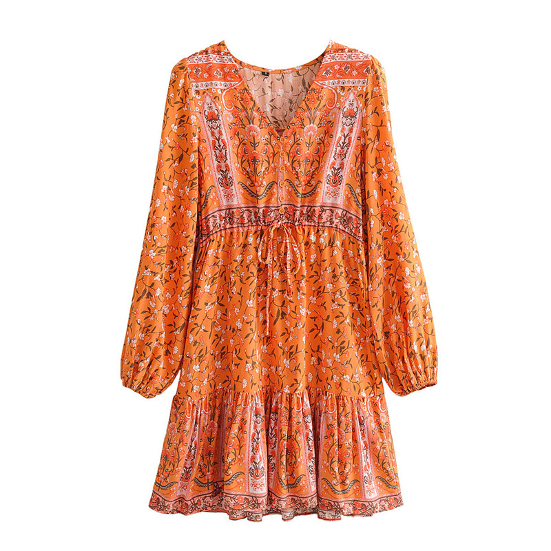 Long Sleeve V-neck Positioning Print Dress - 2