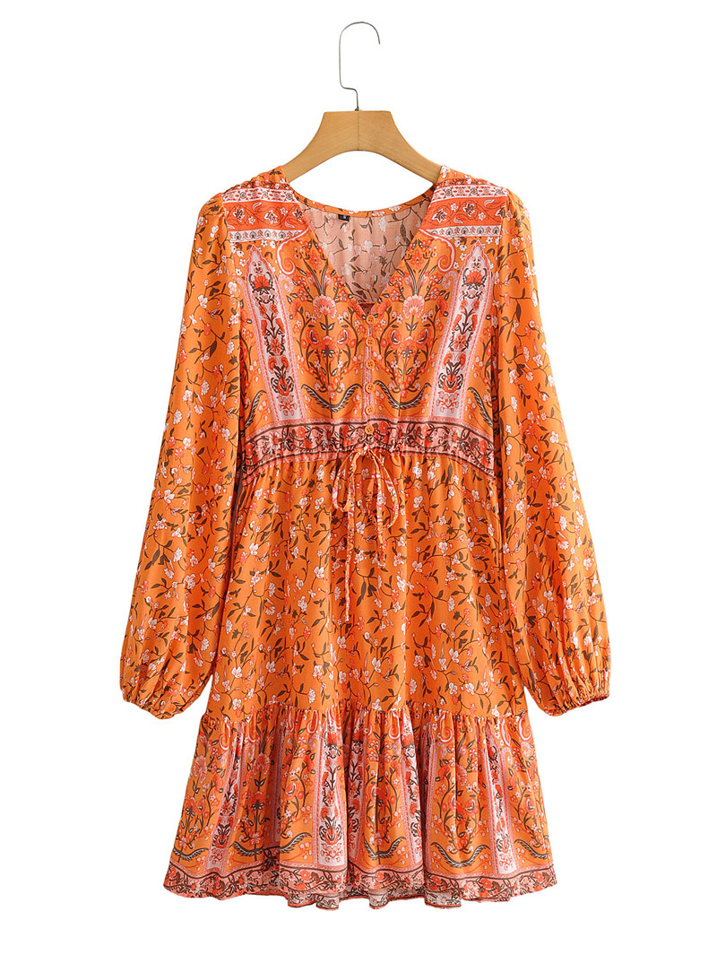 Long Sleeve V-neck Positioning Print Dress - 3