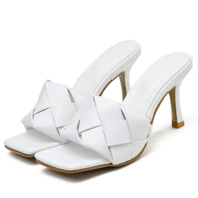 Summer Fashion Square Toe Open Toe Woven Personality High Heel Sandals And Slippers Women