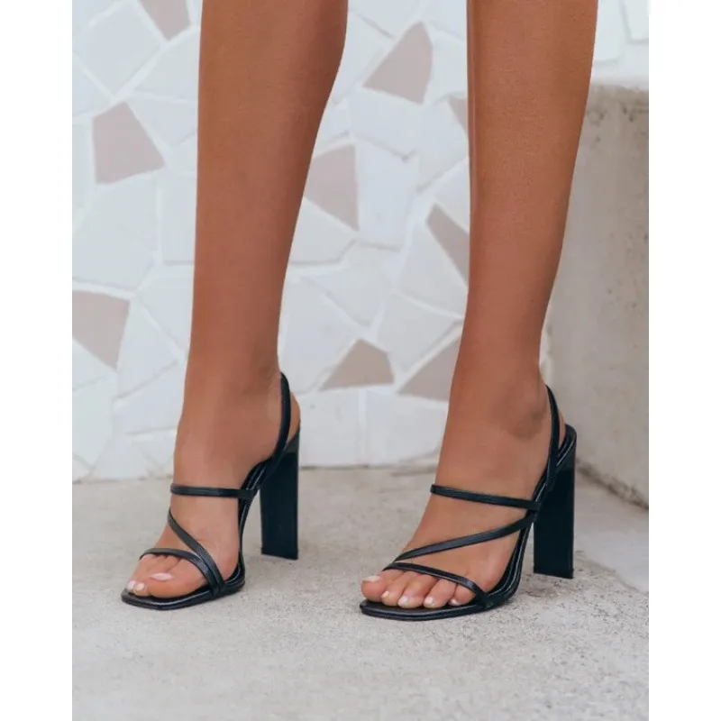 Ladies High Heel Sandals Square Toe Stiletto Slippers - Black