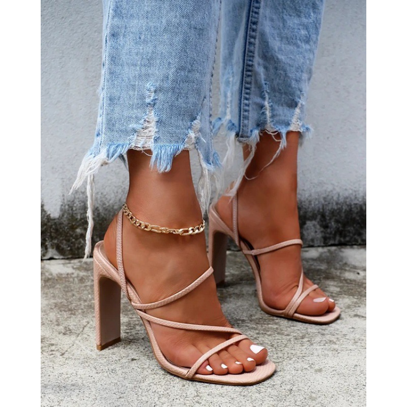 Ladies High Heel Sandals Square Toe Stiletto Slippers Apricot - Shop at LoveMi