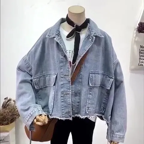 BF Loose Short Frayed Large Pocket Jacket Blue - Shop at LoveMi