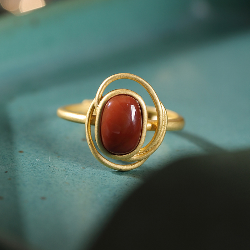 S925 Sterling Silver Gold-plated Natural Southern Red Agate Geometric Retro Fashion Ring