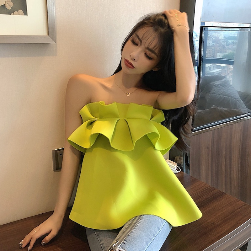 One-line Neck Strapless Tube Top Solid Color T-shirt