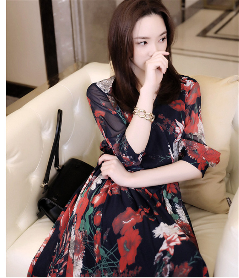 Contrasting Color Floral Handle Printing Elastic High Waist With Belt Chiffon Dress