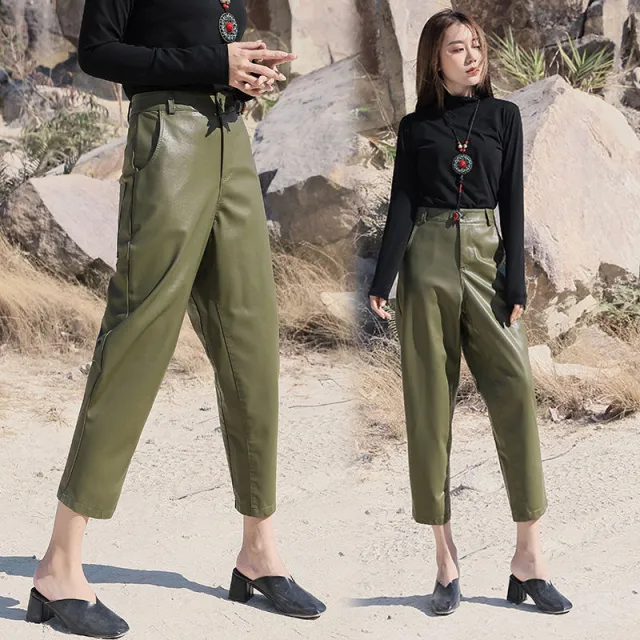 Irregular Leather Pants Casual Slim Fashion Nine Point Pants Women Green - Shop at LoveMi