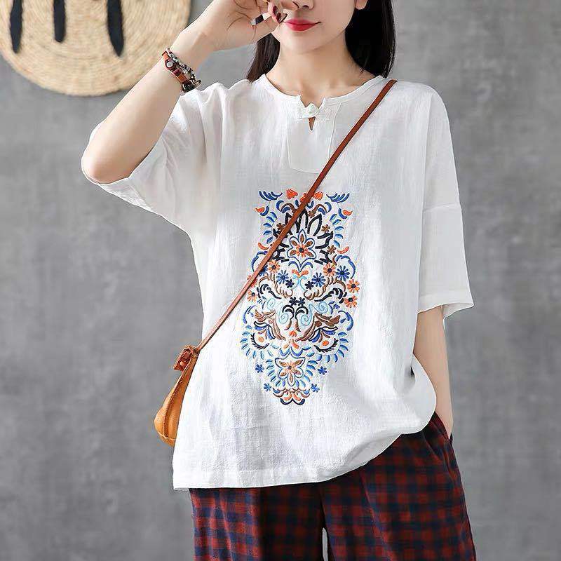 Chinese Style Retro Cotton And Linen Embroidery Short-Sleeved T-Shirt Women