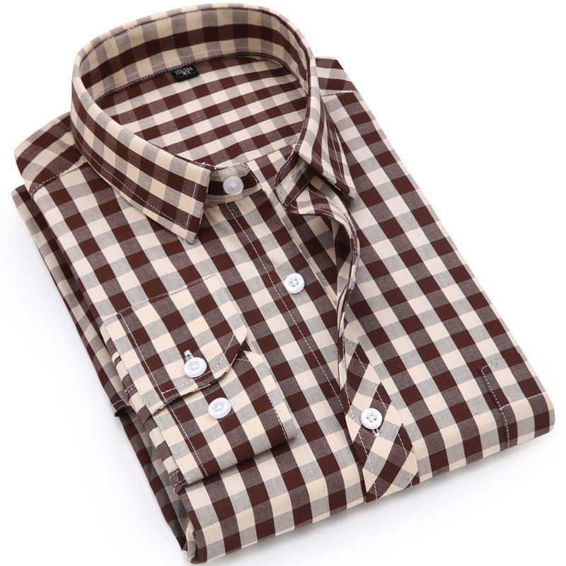 قميص قطني كاجوال بمربعات وأكمام طويلة واسع