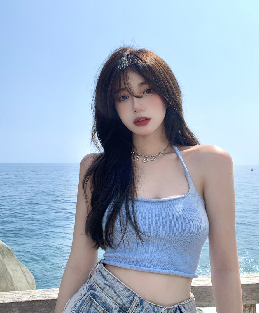 Real Shot Hot Girl Hanging Neck Camisole Female Summer New Design Sense Niche Inside And Outside Wear Short Tube Top