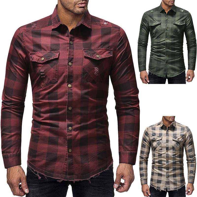 Check Denim Washed Hole Long Sleeve Shirt