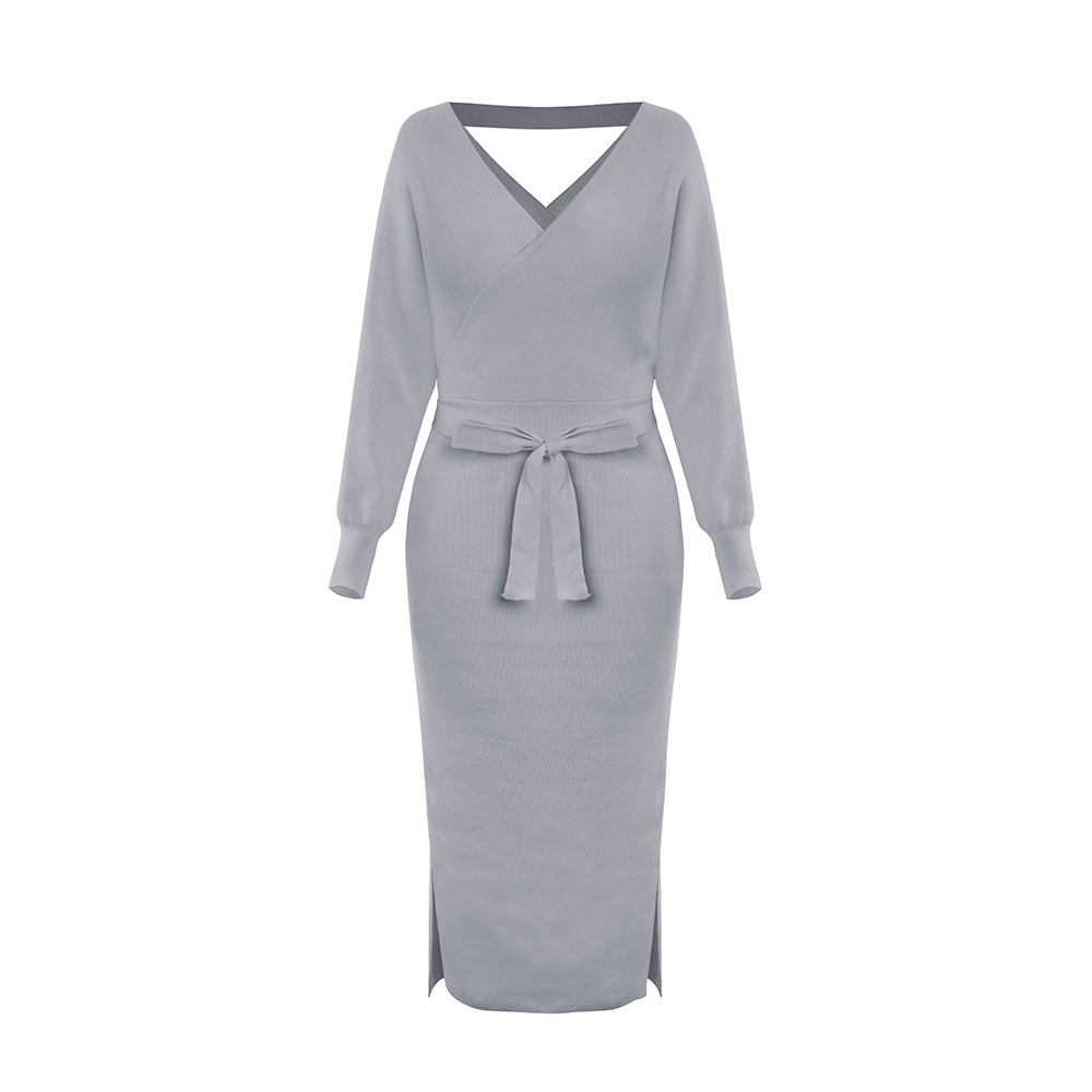 The New Autumn And Winter Knitted Dress Slim Double V-Neck Sweater Skirt Can Be Used As A Cross-Border Amazon Product