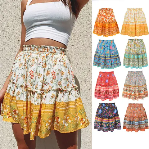 Cowinner Women's Bohemian Flower Print High Waist Ruffle Skirt