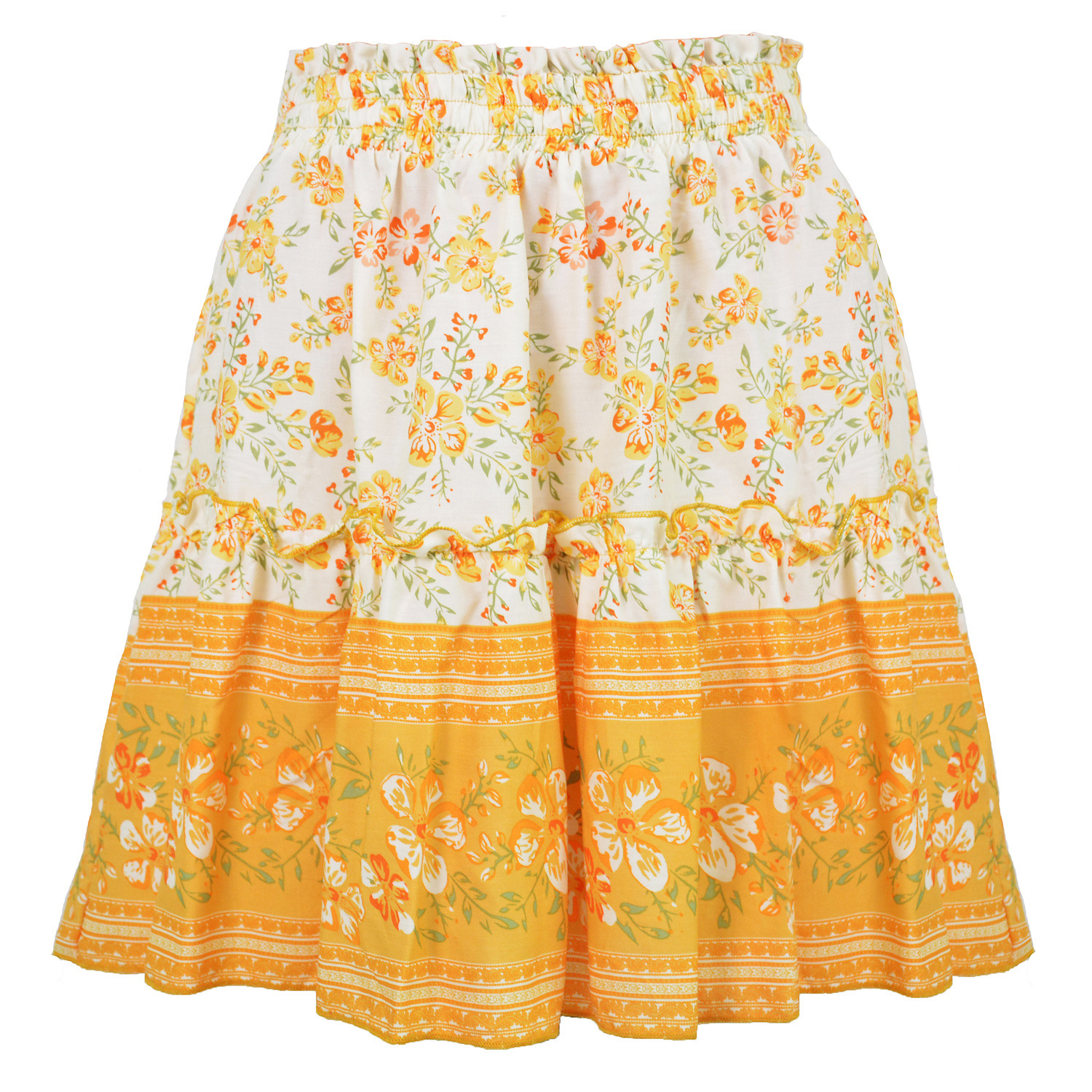 Cowinner Women's Bohemian Flower Print High Waist Ruffle Skirt Flared Boho A Line Pleated Mini Skirt S XL Yellow - Shop at LoveMi