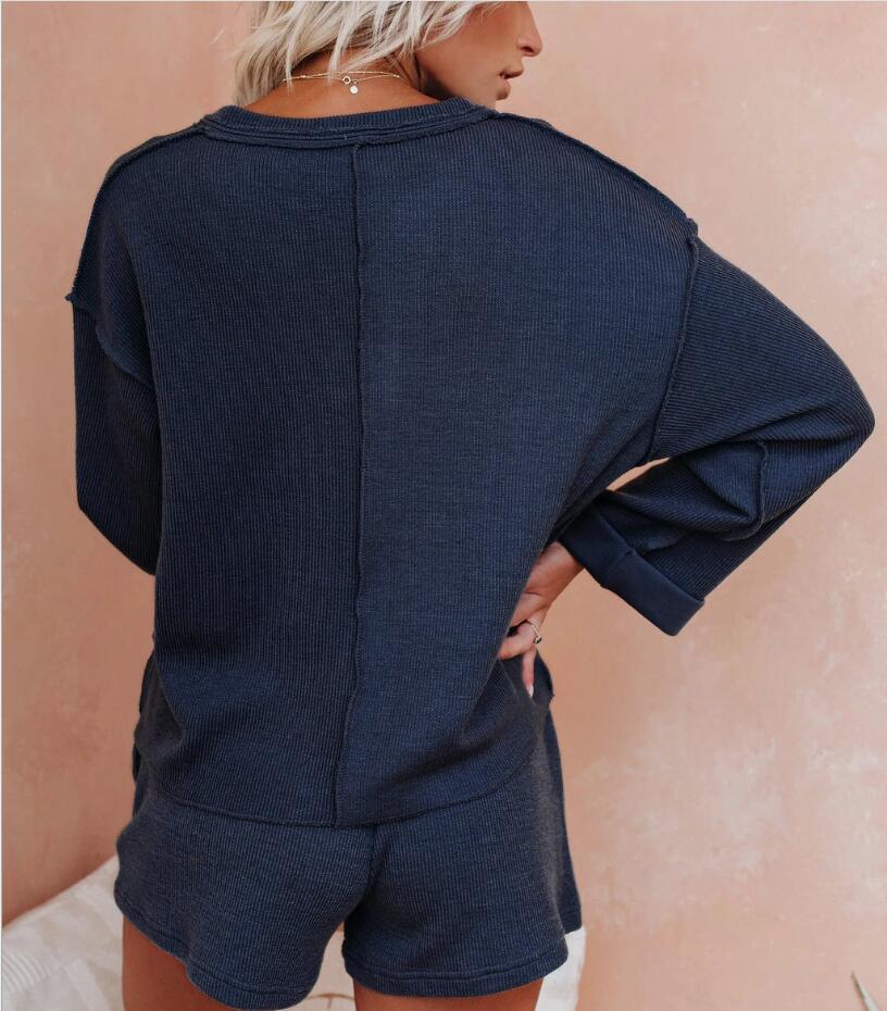 V Neck Casual Loose Ice Silk Threaded Shorts Suit