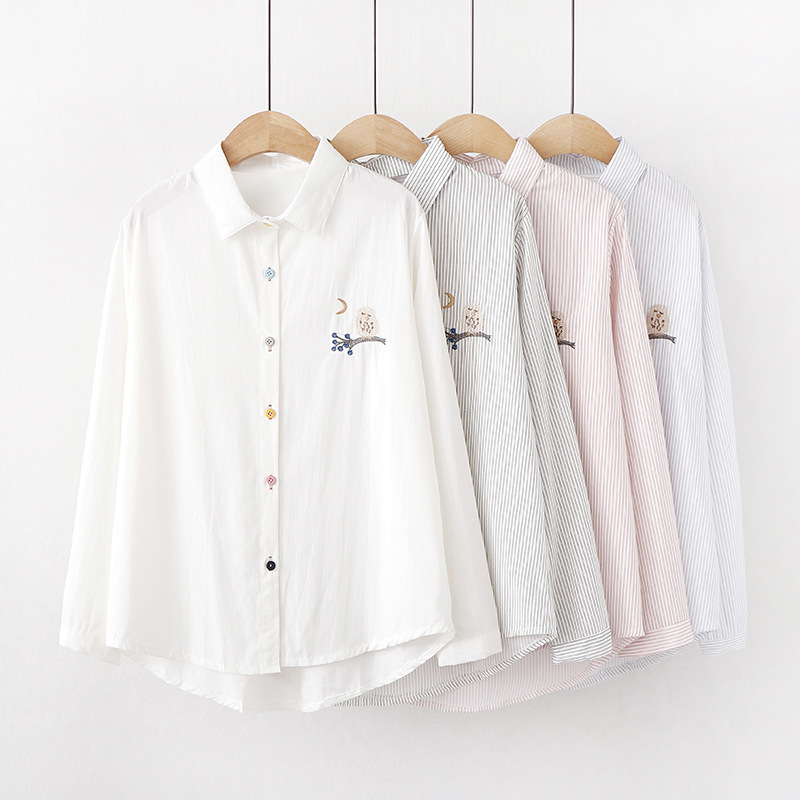 Embroidered Sweet And Versatile White Striped Long-sleeved Jersey