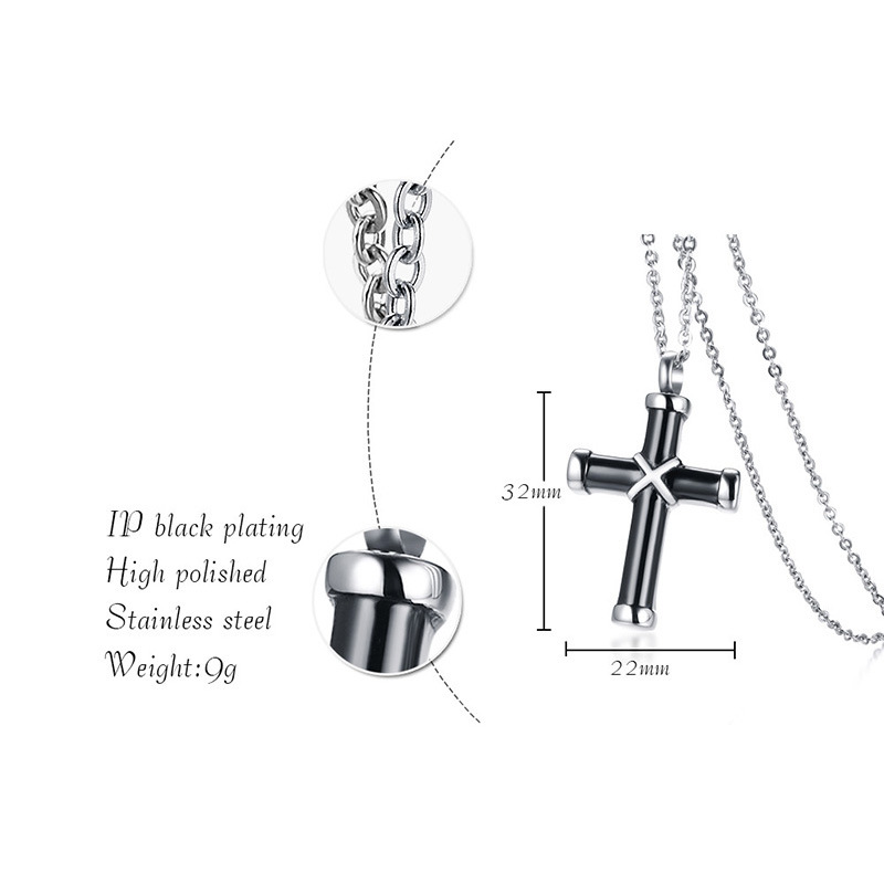 Stainless Steel Cross Urn Pendant Black Necklace