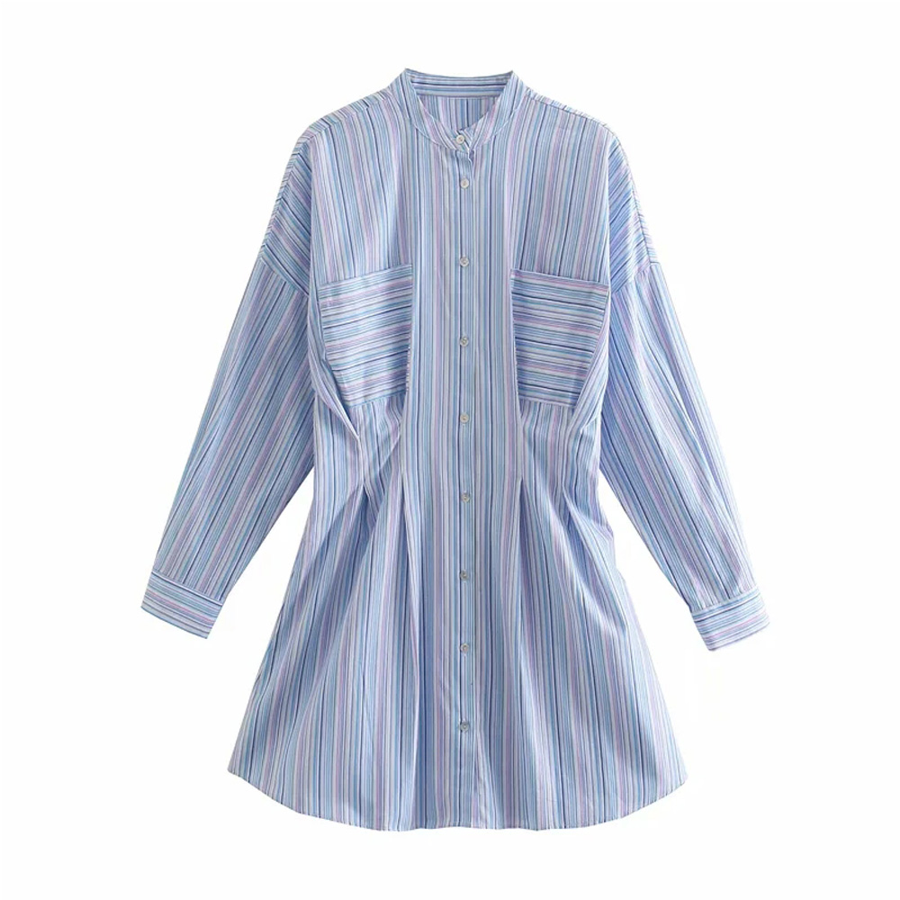 Spring New Style European And American Style Colored Striped Waist Shirt Dress