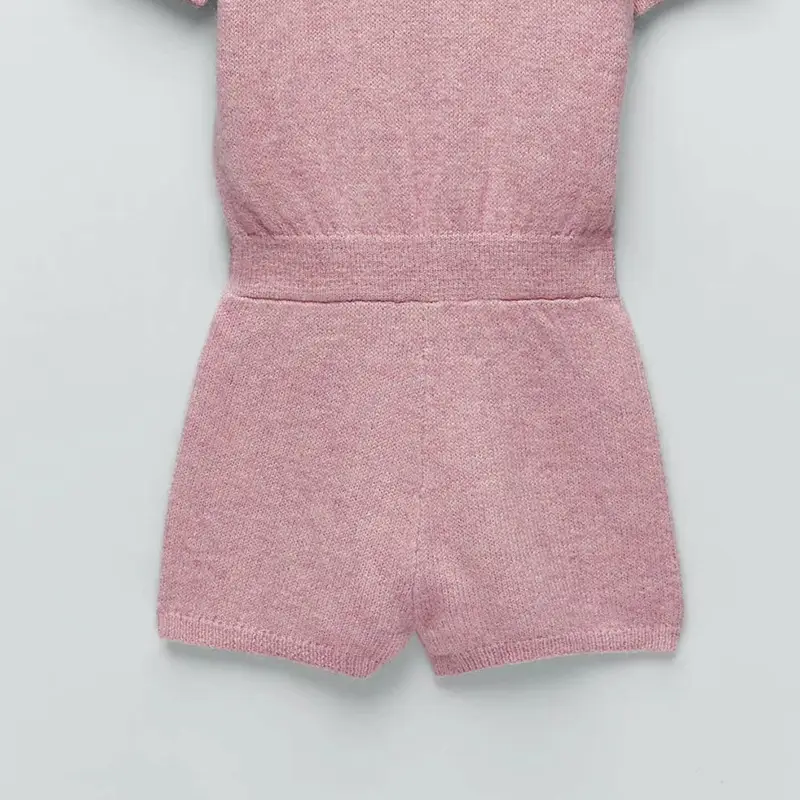 Pink Contrast Stitching Lapel Sweater Short Jumpsuit