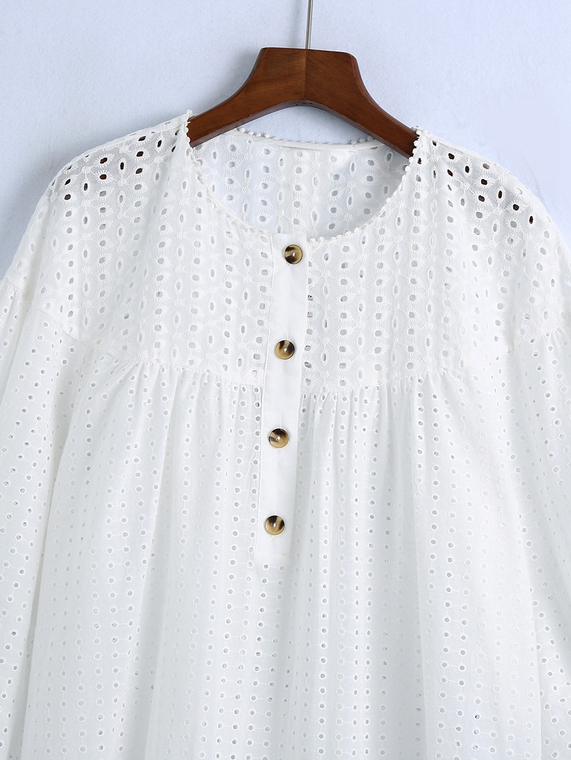 Solid Color Puff Sleeve Hollow Embroidered Shirt