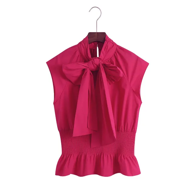 Bow Tie Bow Tie Waist Ruffled Sleeveless Shirt Red - Shop at LoveMi