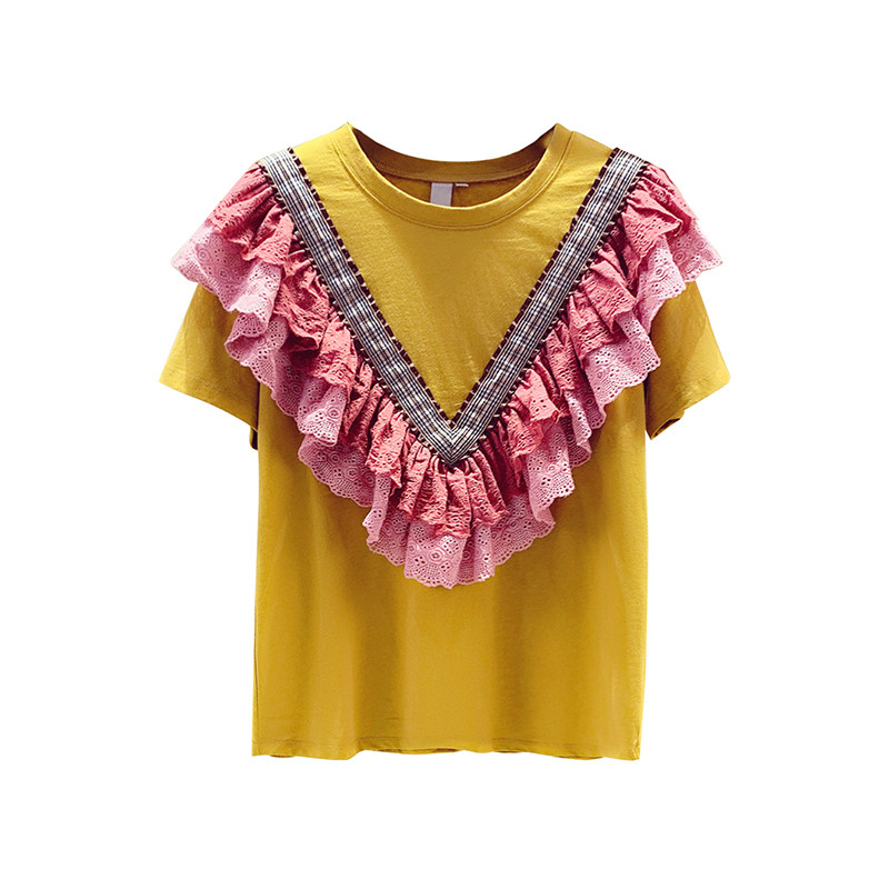 Title 2, Lace Stitching Ruffled Cotton Short-sleeved T-s...