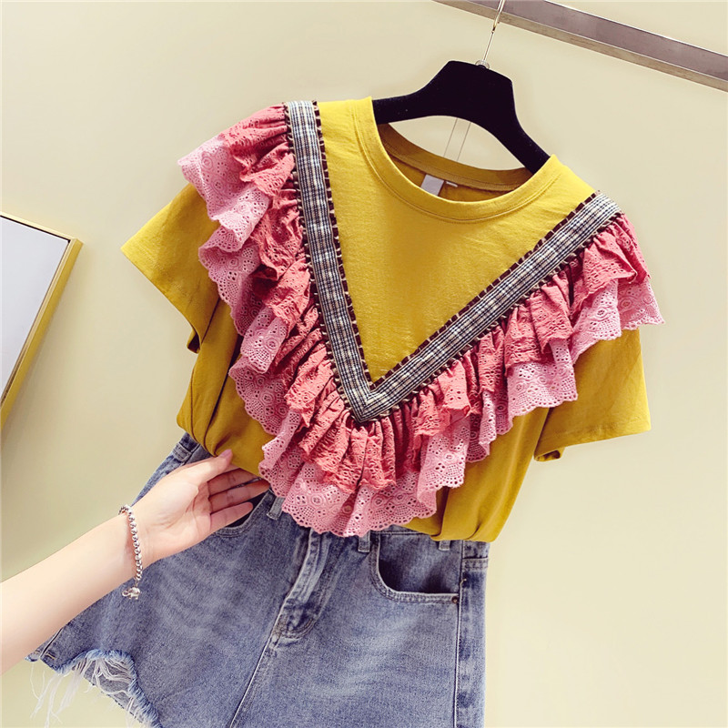 Title 1, Lace Stitching Ruffled Cotton Short-sleeved T-s...