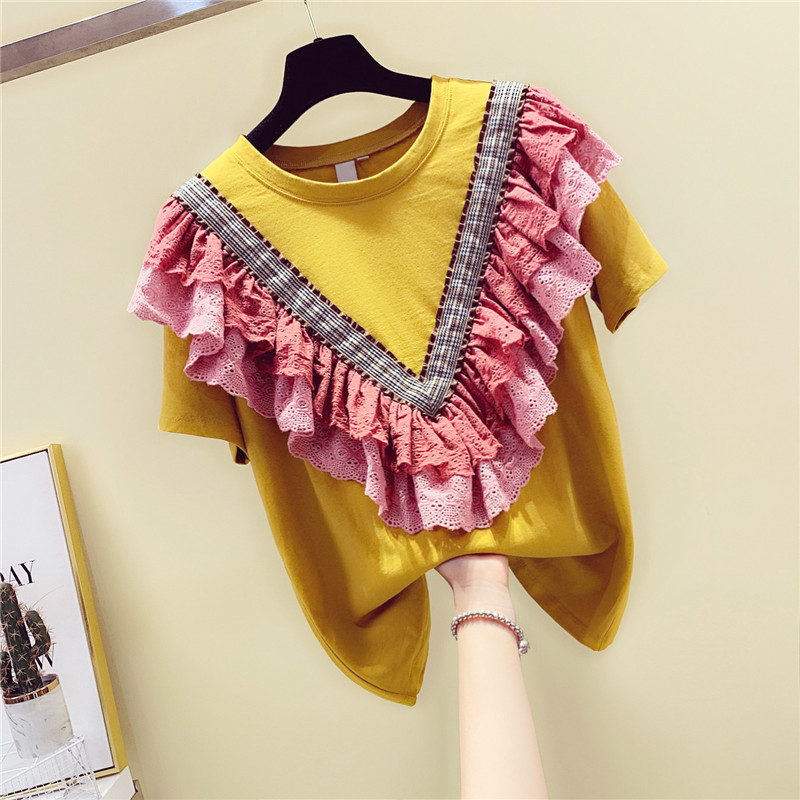 Title 4, Lace Stitching Ruffled Cotton Short-sleeved T-s...