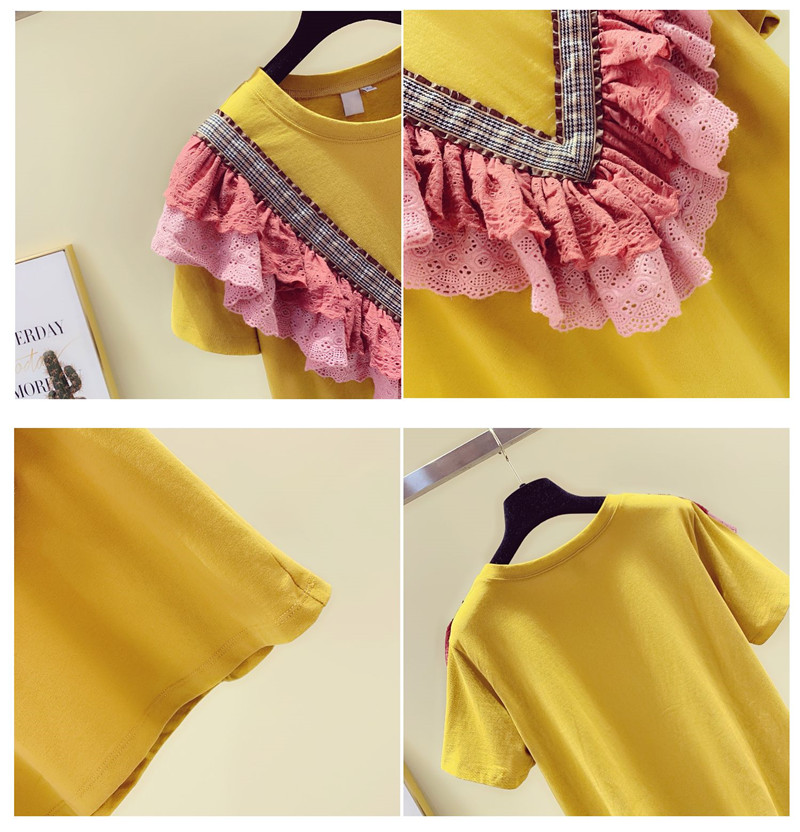 Lace Stitching Ruffled Cotton Short-sleeved T-shirt