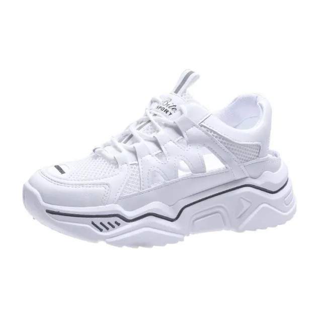 Sponge Cake Thick Bottom Mesh Breathable Toe Cap Sneakers White - Shop at LoveMi