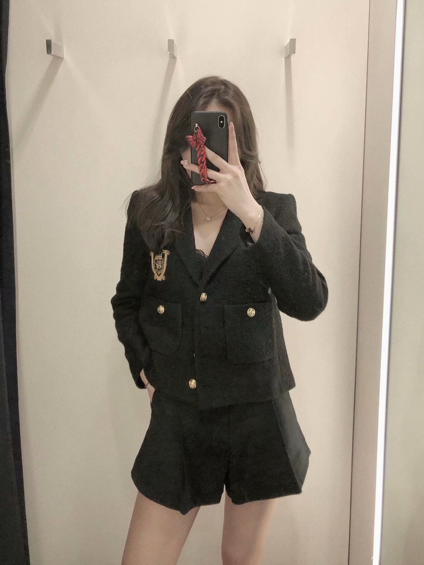 Textured Casual Suit With Pockets Is Thinner Black Short Jacket