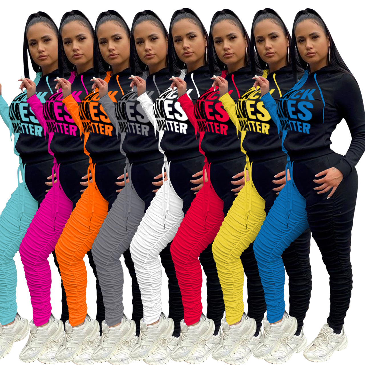 Offset Printing Stitching Pleated PantsFabric Thickened Sports Suit