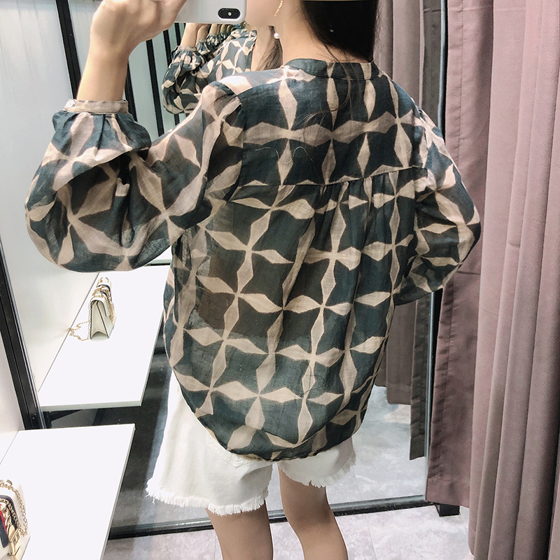 Drape Texture Thin Stitching Print Basic Lapel Long-Sleeved Shirt