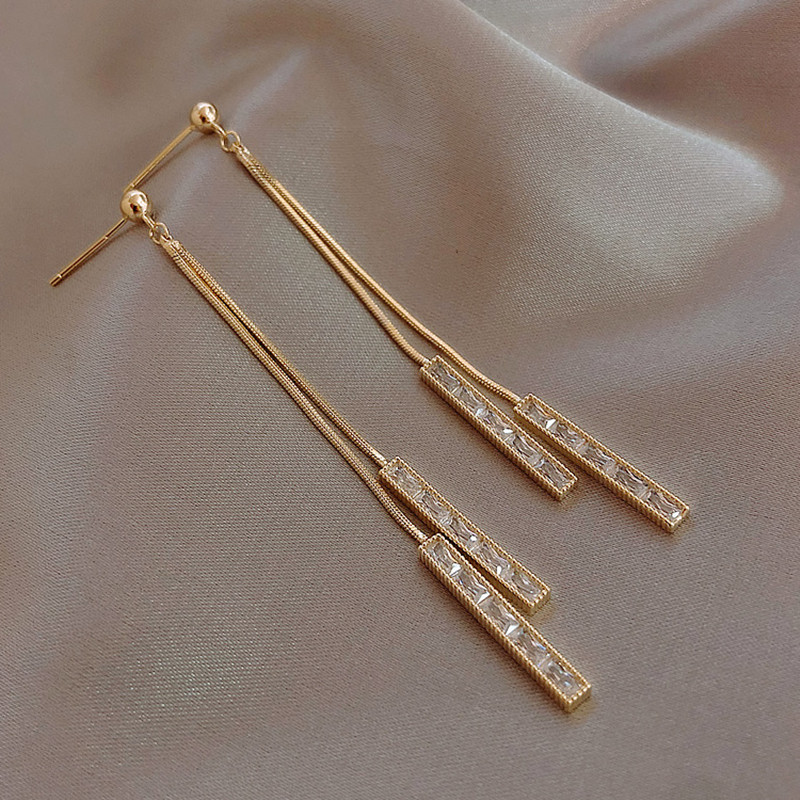 Long Fringed Zircon Pendant 925 Silver Needle Earrings
