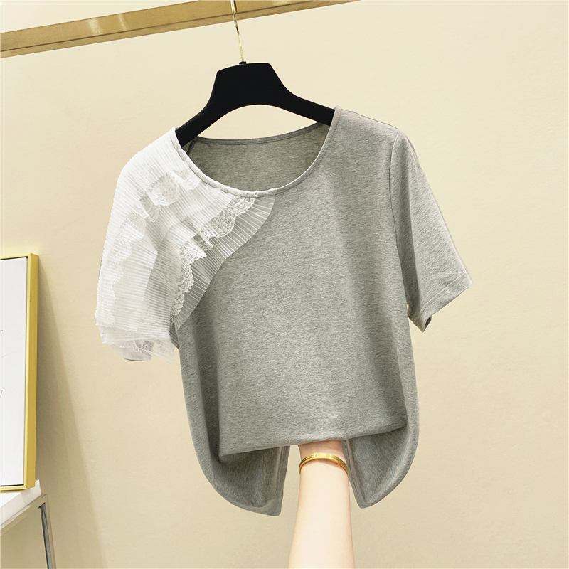 Lace Mesh Stitching Short-Sleeved Round Neck Cotton T-Shirt