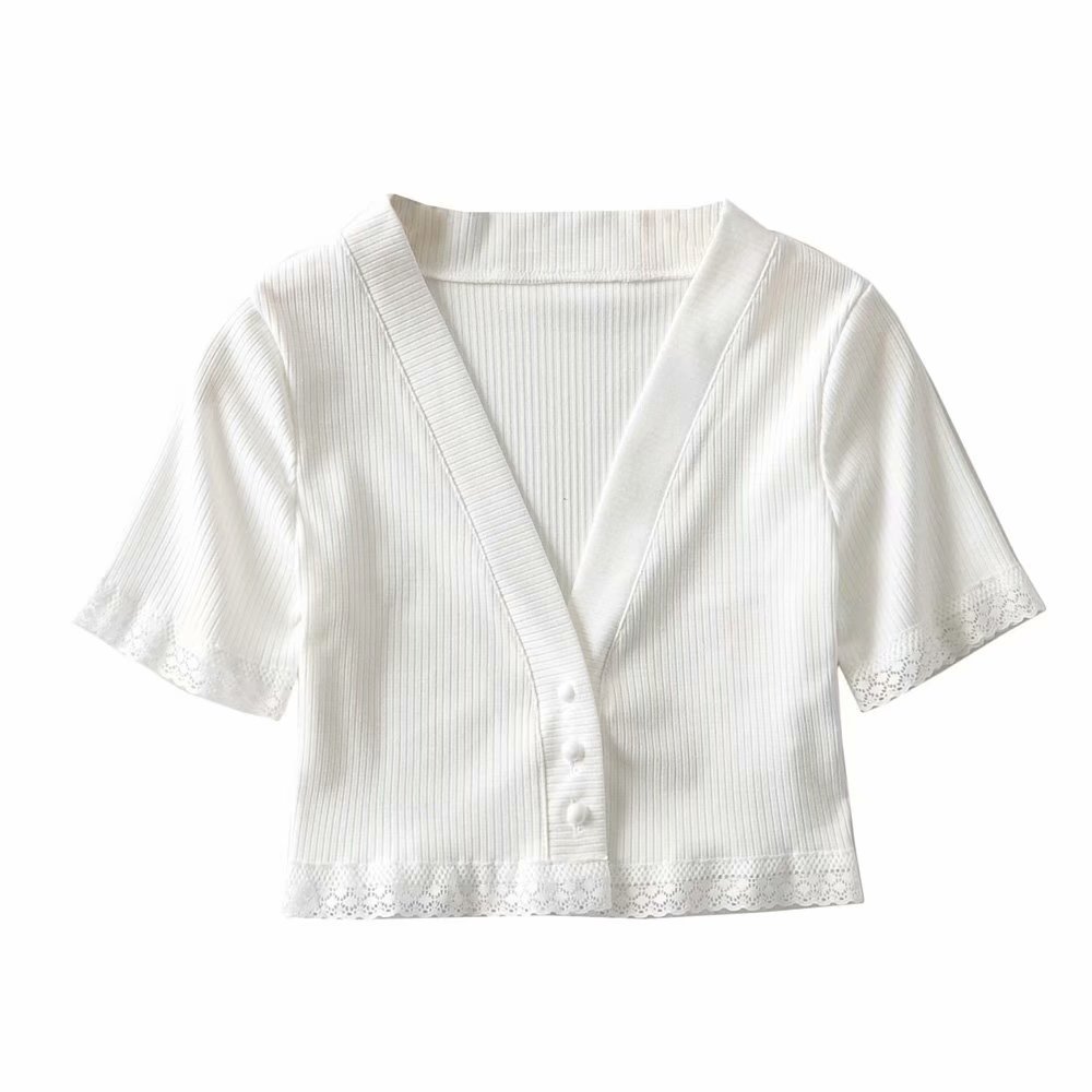 Single-Breasted V-NeckShorts With Wooden Ears Slim Cropped Short T-Shirt