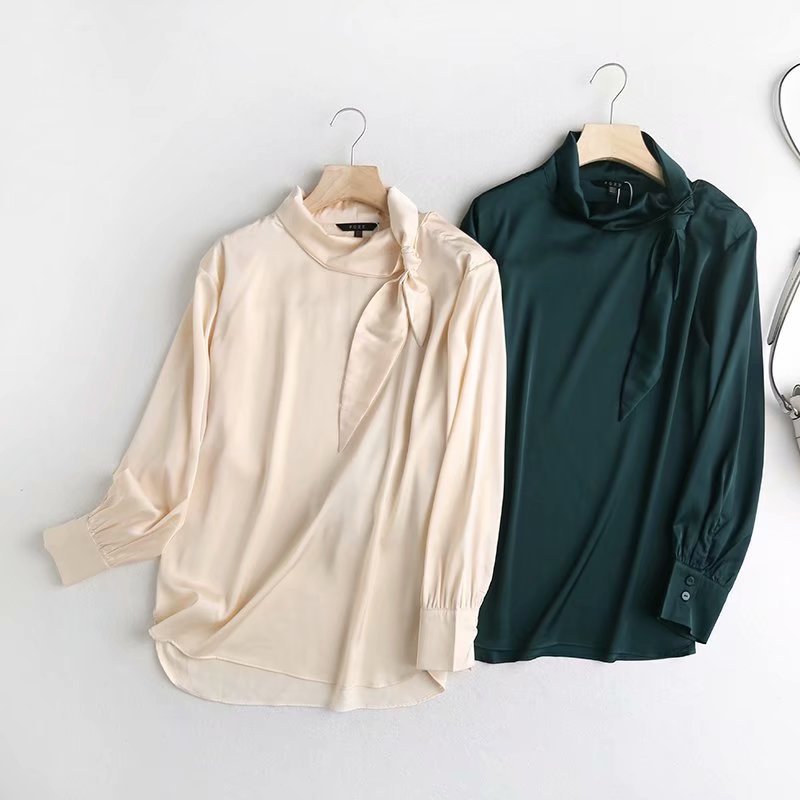 Simple Silk Stand Up Collar Knotted Blouse Temperament Top Shirt
