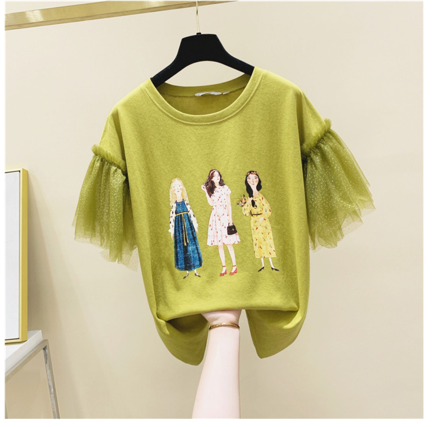 Mesh Stitching Short-Sleeved Printed Cotton T-Shirt