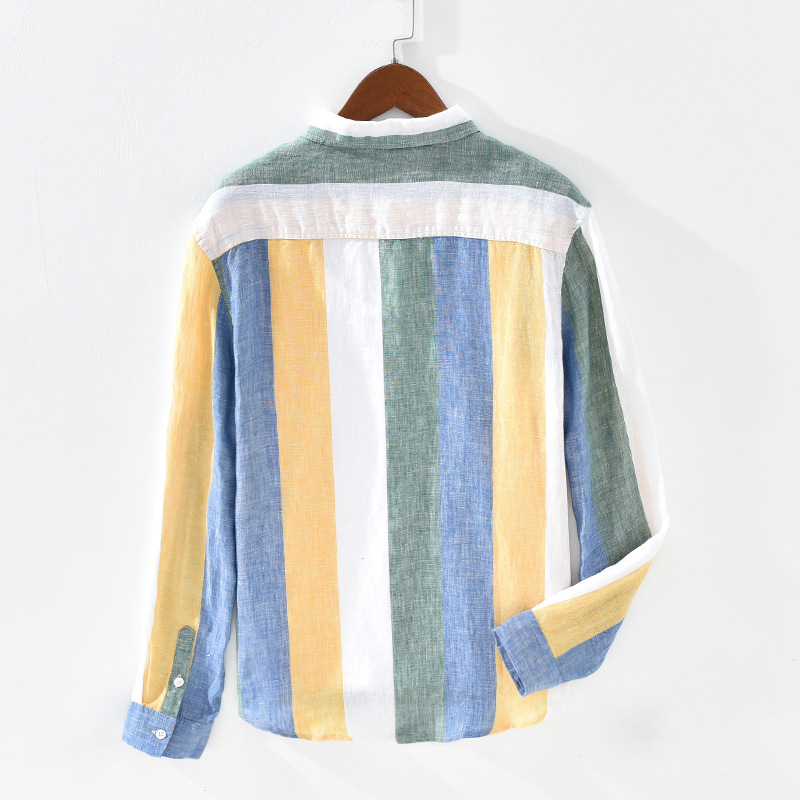 Men's Yarn Dyed Linen Long Sleeve Shirt Fresh Loose Striped Square Collar Shirt