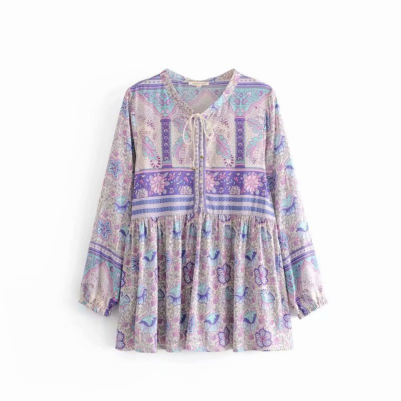 Rayon Water Print Lilac Flower Long-Sleeved Top