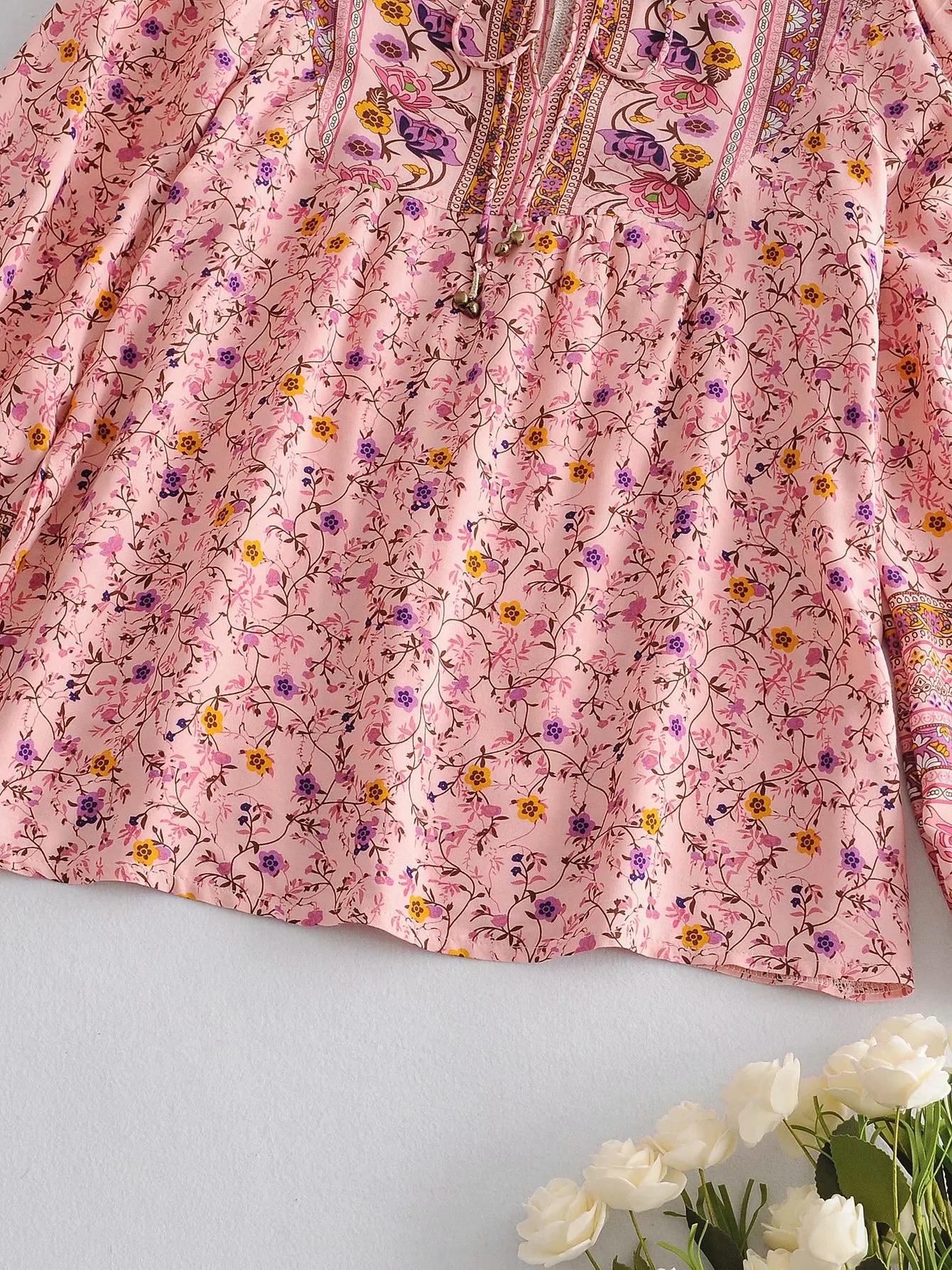 Ladies Loose Bohemian Pink Rayon Floral Long-Sleeved Lace-Up Shirt