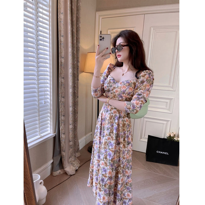 Square Neck Lotus Leaf Sleeve High Waist Oil Painting Dress Slimming Dress