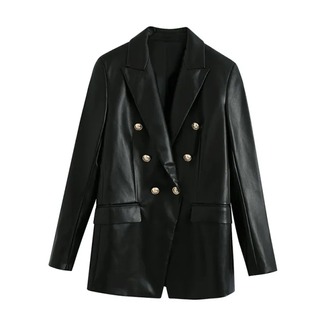 Black Faux Leather Gold Double Breasted Long Sleeve Lapel Suit Gold - Shop at LoveMi