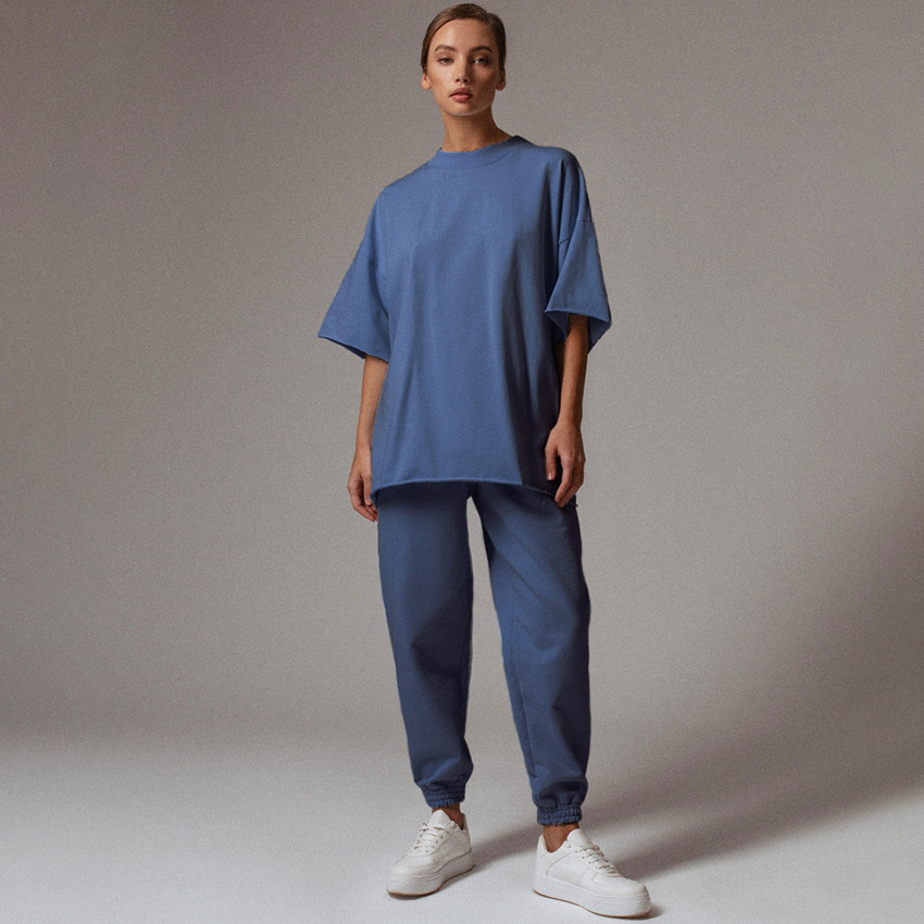 European And American Solid Color Street Curled Five-Point Sleeve Shirt Loose Trousers And Leggings Spring And Summer Casual Suit Female New Style