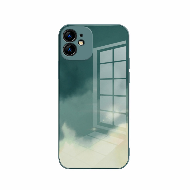 Compatible with Apple , Suitable For Apple 12 Mobile Phone Case Watercolor Straight Edge Tempered Glass Case