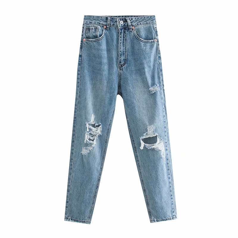 European And American Style Jeans Blue Washed High Waist