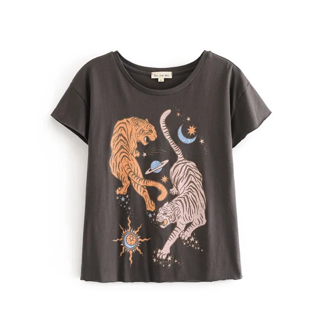 European And American Style Summer Women's New Style Tiger Sun And Moon Print Short Sleeved T Shirt Picture Color L - Shop at LoveMi