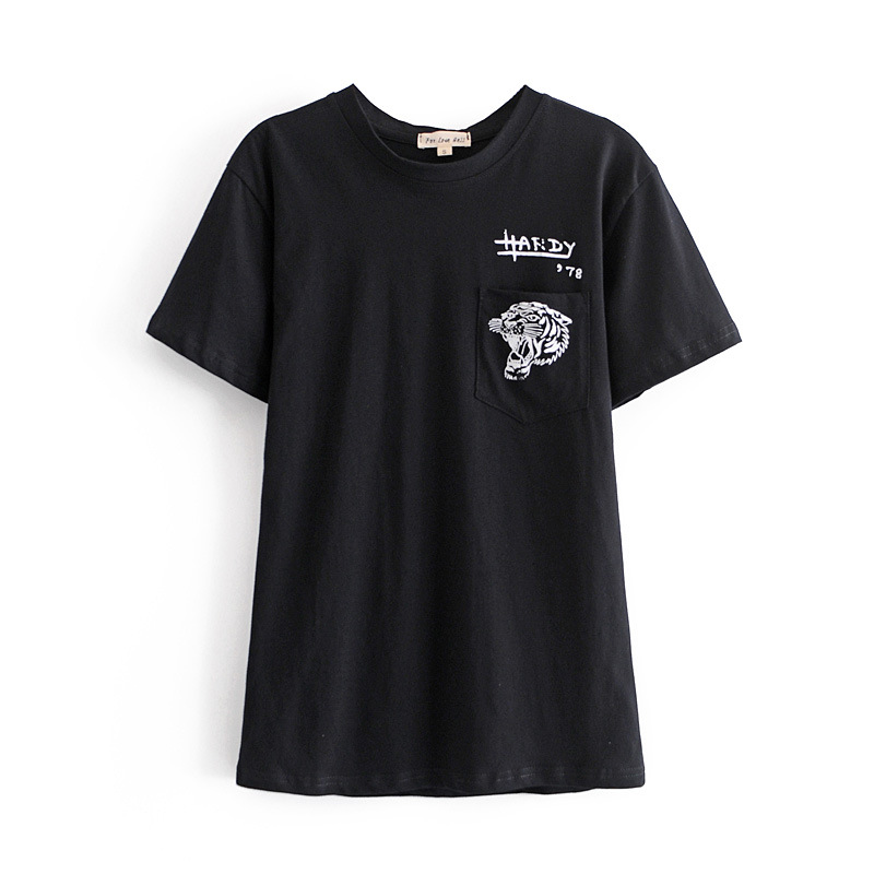 Crew Neck Pocket Tiger Head Print T-Shirt