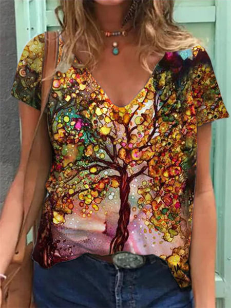 Painted V Neck Printed Loose Plus Size Short Sleeved T Shirt Women
