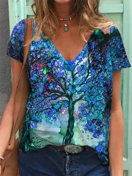 Painted V Neck Printed Loose Plus Size Short Sleeved T Shirt Women Blue - Shop at LoveMi